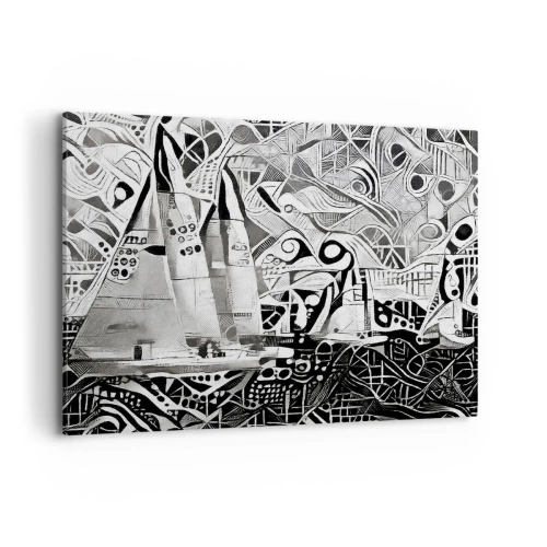 Bild auf Leinwand - Leinwandbild - Abstrakte Segelboote in einer monochromen Komposition - 100x70cm - Zwischen den Wellen - Moderne Wanddekoration für Wohnzimmer und Schlafzimmer ARTTOR