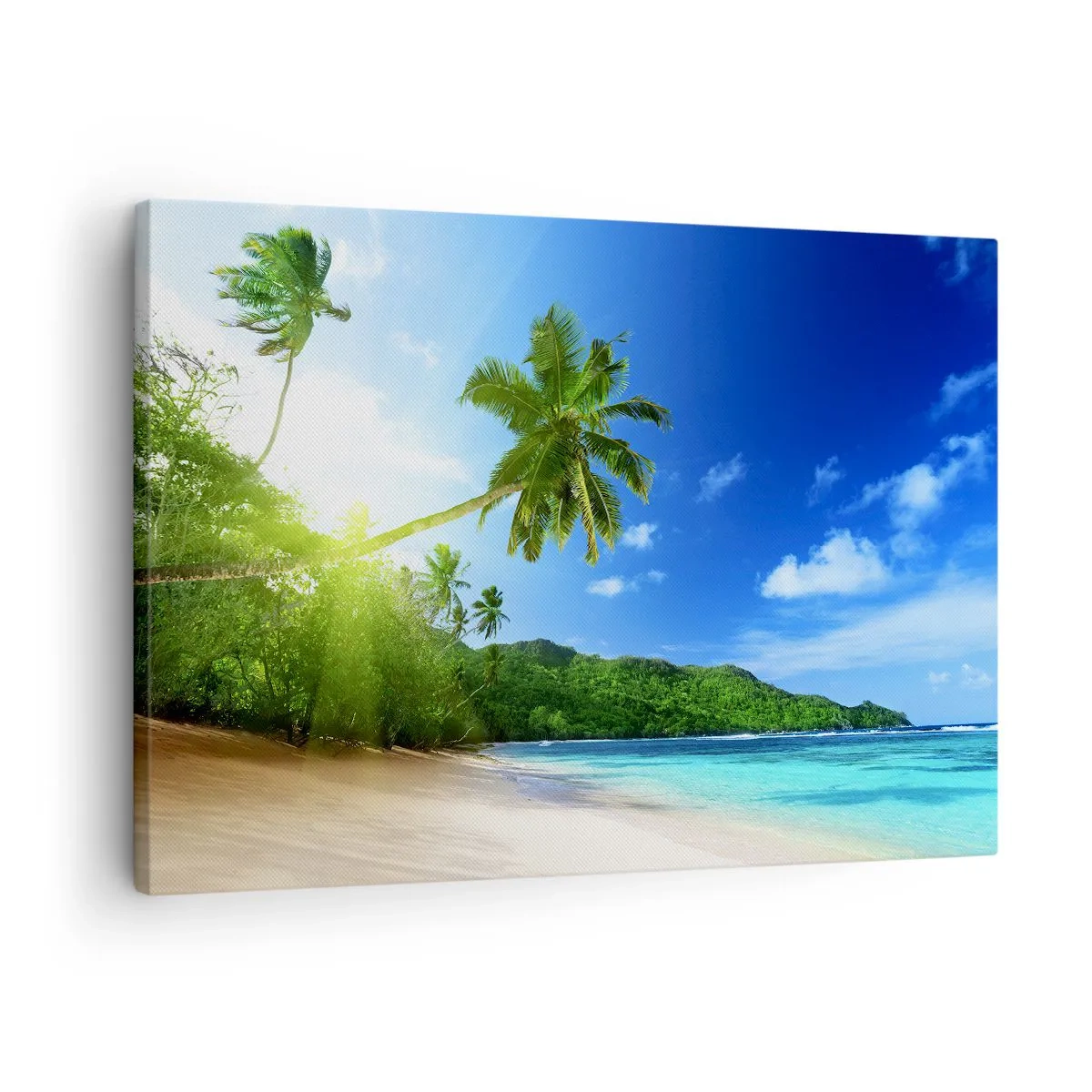 Bild auf Leinwand - Leinwandbild - Tropischer Strand mit Palmen und türkisfarbenem Meer - 70x50cm - Die sanfte Berührung der Tropen - Moderne Wanddekoration für Wohnzimmer und Schlafzimmer ARTTOR