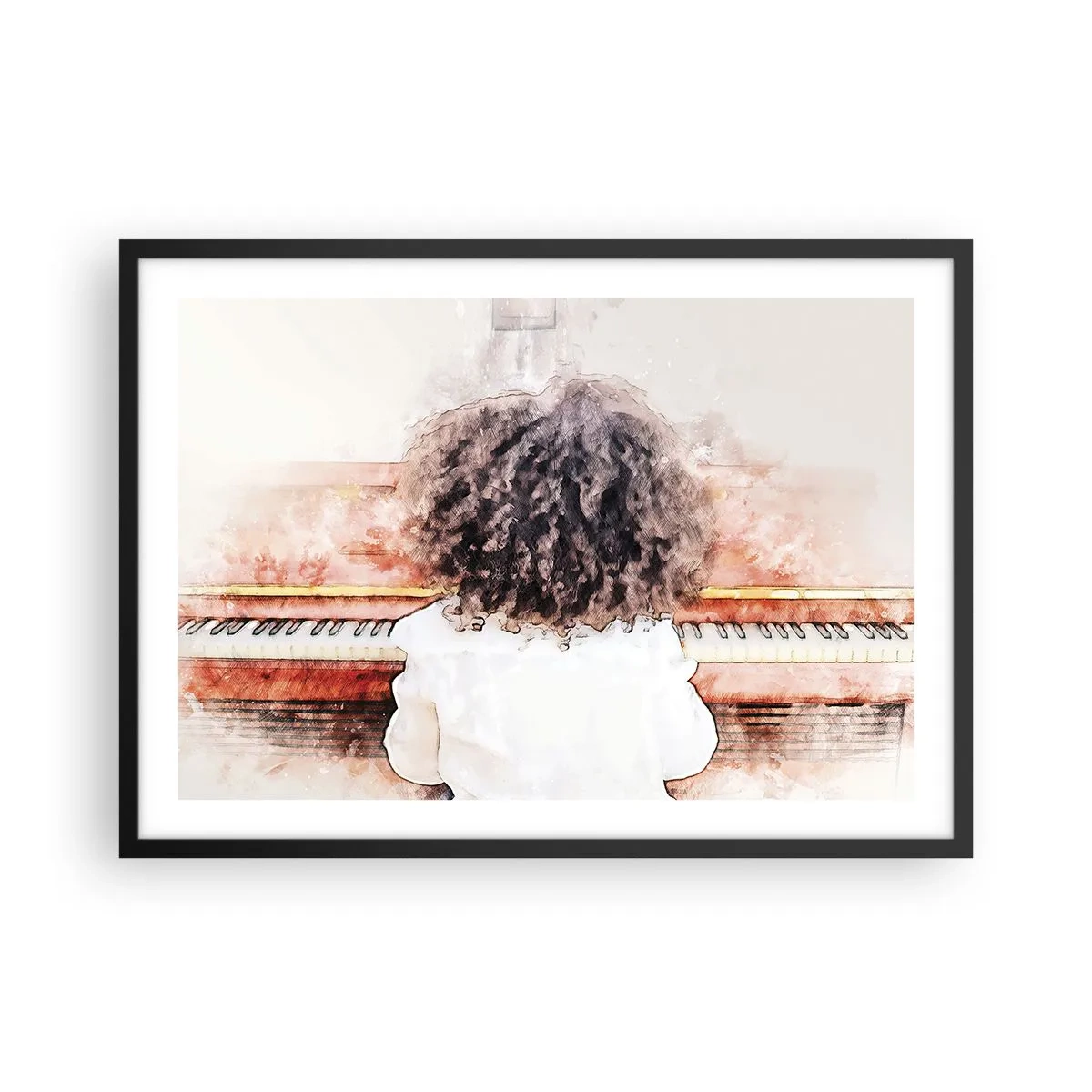 Poster in einem schwarzem Rahmen - Ein Mädchen mit buschigem Haar am Klavier - 70x50cm - In der neuen Welt - Moderne Wanddekoration für Wohnzimmer und Schlafzimmer ARTTOR
