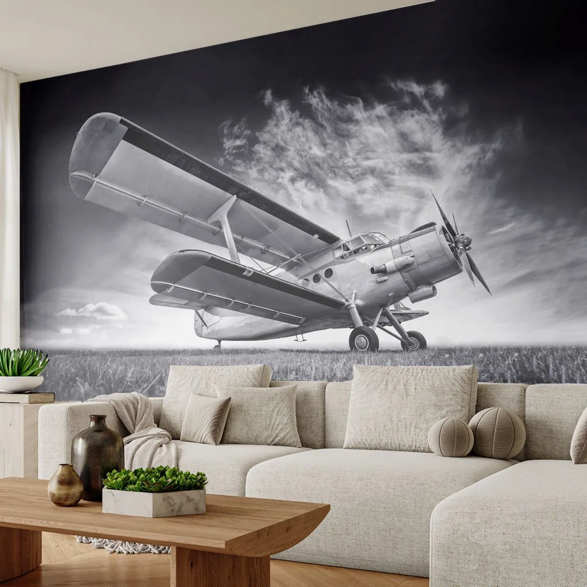 Fototapete Premium Sand - Ein historischer Doppeldecker vor einem dramatischen Himmel - 100x70cm - Der geflügelte Wanderer - Moderne Wanddekoration für Wohnzimmer und Schlafzimmer ARTTOR