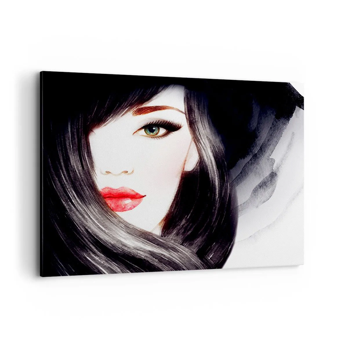 Bild auf Leinwand - Leinwandbild - Porträt einer Frau mit ausdrucksstarkem Blick und roten Lippen - 120x80cm - Saphir-Optik - Moderne Wanddekoration für Wohnzimmer und Schlafzimmer ARTTOR