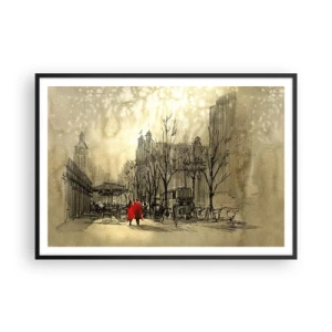 Poster in einem schwarzem Rahmen - Eine rote Figur in einer nostalgischen urbanen Umgebung - 100x70cm - Ein Date im Londoner Nebel - Moderne Wanddekoration für Wohnzimmer und Schlafzimmer ARTTOR