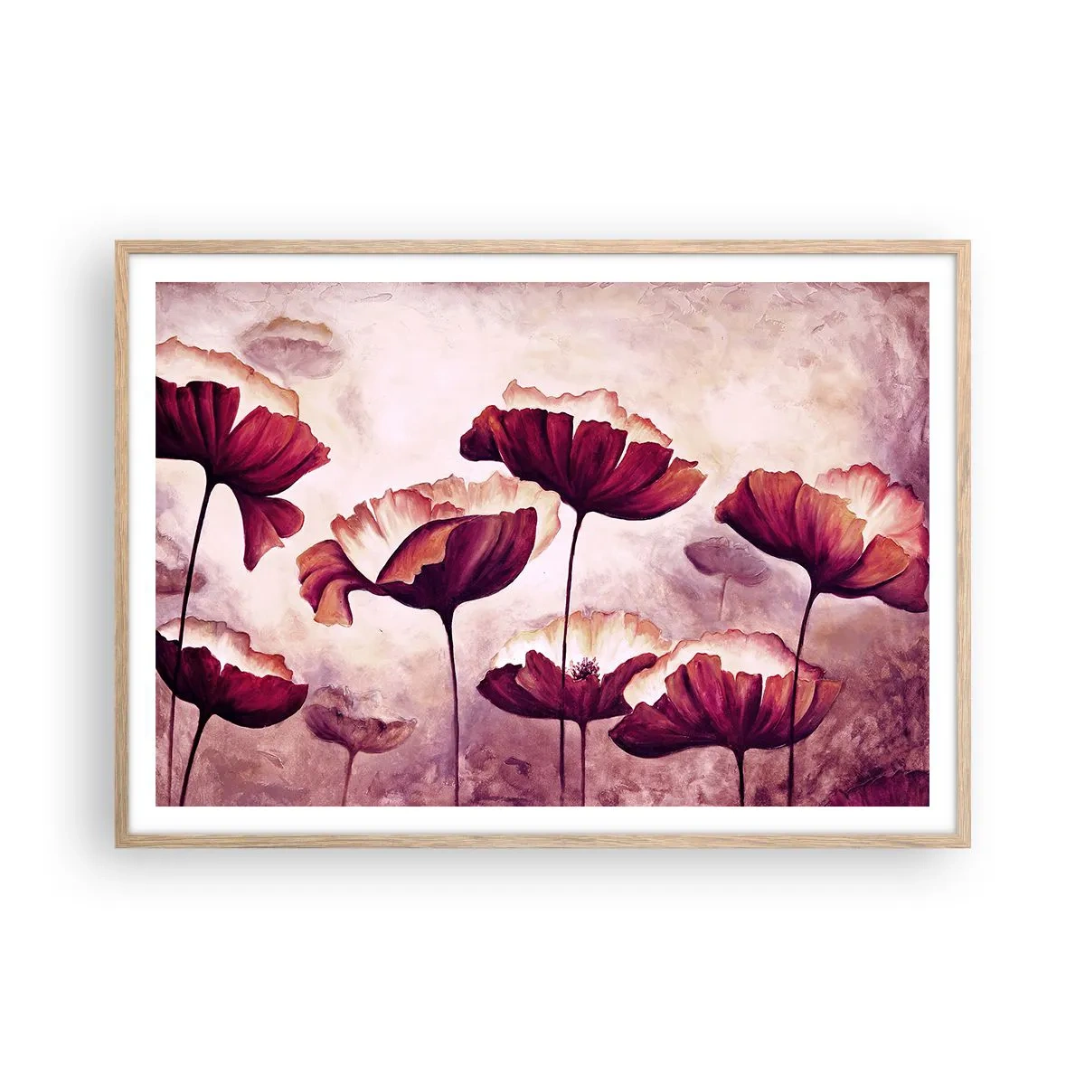 Poster in einem Rahmen aus heller Eiche - Rotes und weißes Blütenblatt - 100x70 cm