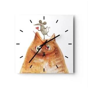 Wanduhr - Glasuhr - Eine Zeichnung einer Katze mit einer Maus auf dem Kopf, die ein Herz hält - 30x30cm - Paradoxien der Liebe - Moderne Wanddekoration für Wohnzimmer und Schlafzimmer ARTTOR