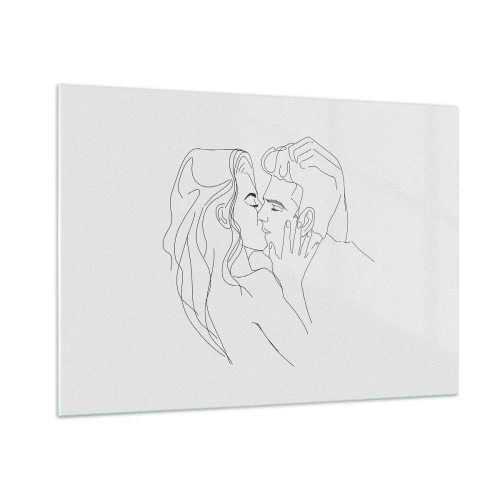 Glasbild - Bild auf glas - Eine minimalistische Zeichnung eines Paares bei einem romantischen Kuss - 100x70cm - Dieselbe Linie - Moderne Wanddekoration für Wohnzimmer und Schlafzimmer ARTTOR