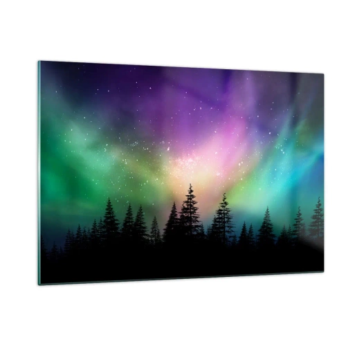 Glasbild - Bild auf glas - Wald bei Nacht unter den bunten Nordlichtern - 120x80cm - weiße Magie - Moderne Wanddekoration für Wohnzimmer und Schlafzimmer ARTTOR