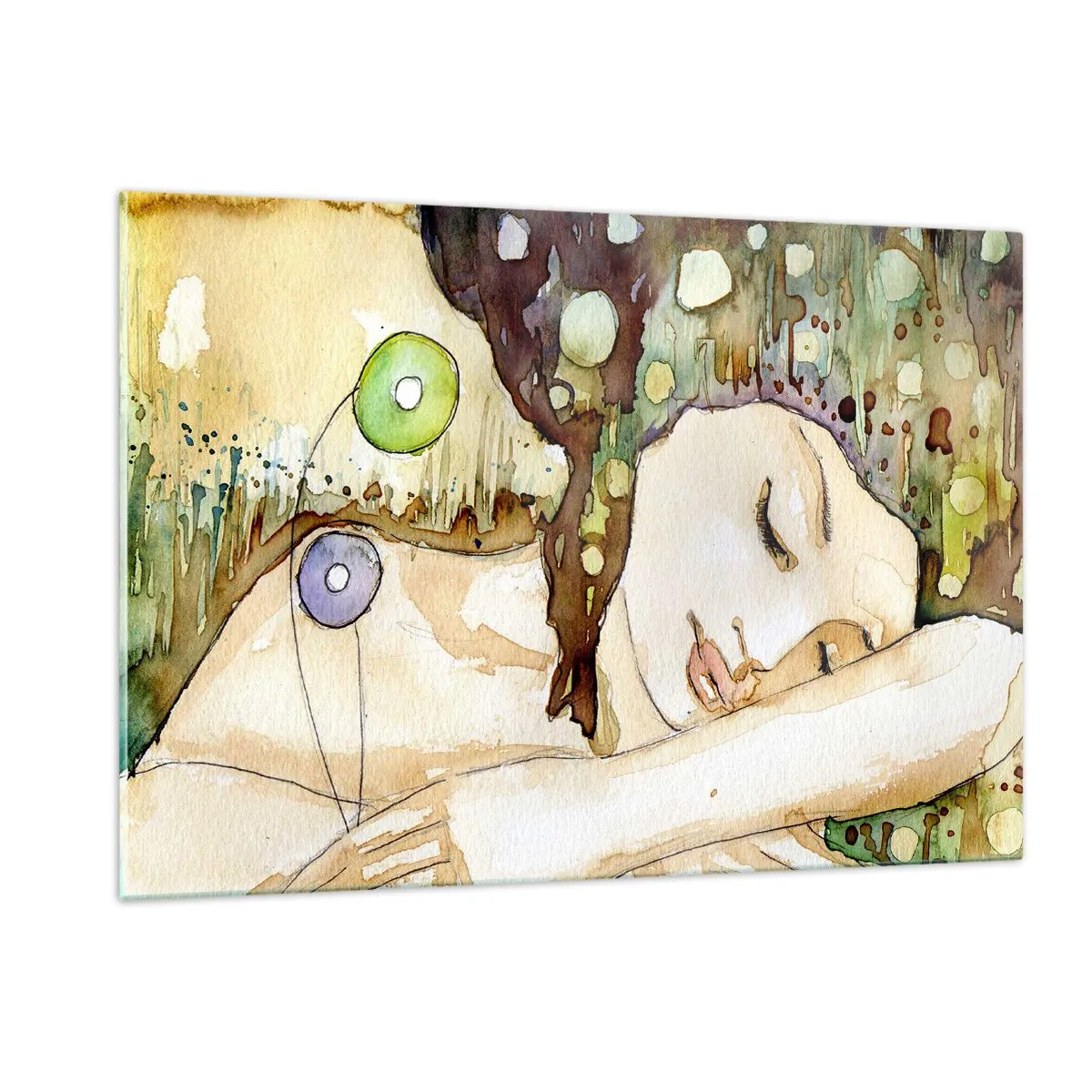 Glasbild - Bild auf glas - Eine schlafende Frau in einem künstlerischen Aquarellgemälde in warmen Farben. - 120x80cm - Ein smaragd-violetter Traum - Moderne Wanddekoration für Wohnzimmer und Schlafzimmer ARTTOR