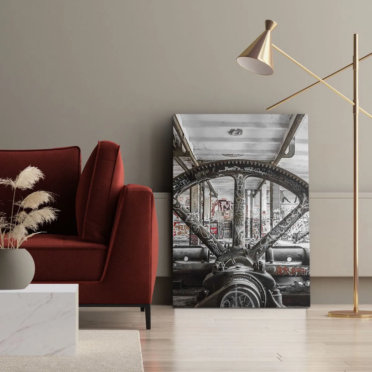 Bild auf Leinwand - Leinwandbild - Ein alter Mechanismus in einem verlassenen Industriegebäude - 50x70cm - Das geheime Leben der Fabrik - Moderne Wanddekoration für Wohnzimmer und Schlafzimmer ARTTOR