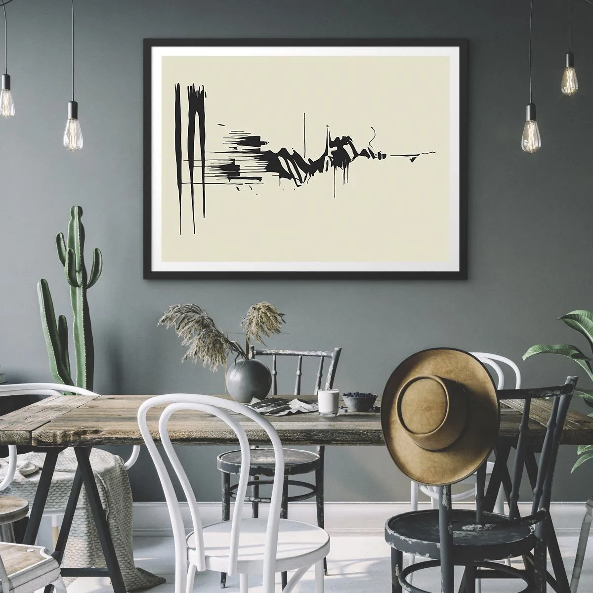 Poster in einem schwarzem Rahmen - Minimalistische Abstraktion mit schwarzen Linien auf hellem Hintergrund - 70x50cm - Hastige Abstraktion - Moderne Wanddekoration für Wohnzimmer und Schlafzimmer ARTTOR