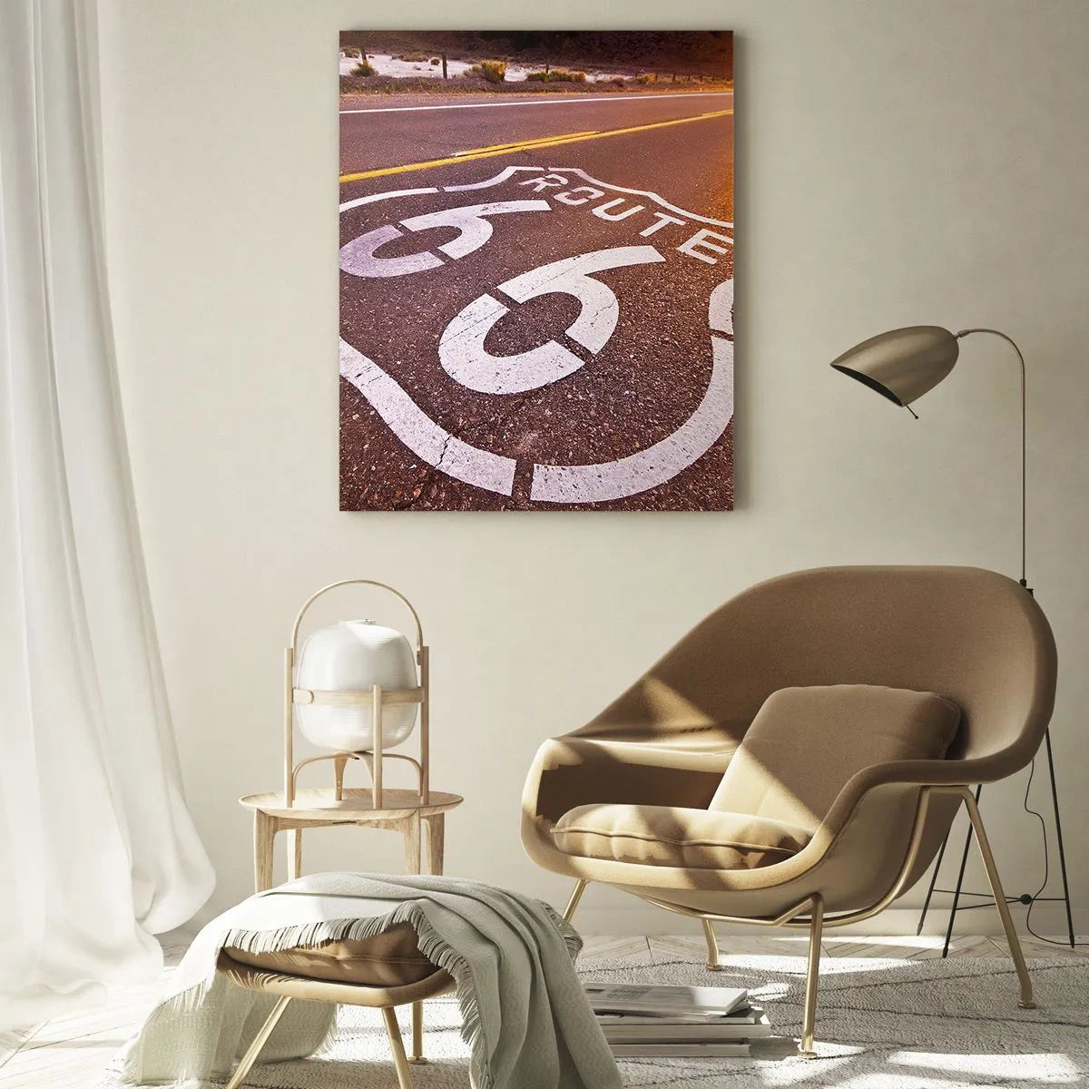 Glasbild - Bild auf glas - Route 66 bei Sonnenuntergang - 50x70cm - Die berühmte Straße 66 - Moderne Wanddekoration für Wohnzimmer und Schlafzimmer ARTTOR