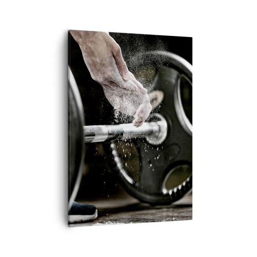 Bild auf Leinwand - Leinwandbild - Hanteln und die Hände eines Sportlers bereiten sich auf das Training vor - 50x70cm - Herausforderung angenommen! - Moderne Wanddekoration für Wohnzimmer und Schlafzimmer ARTTOR