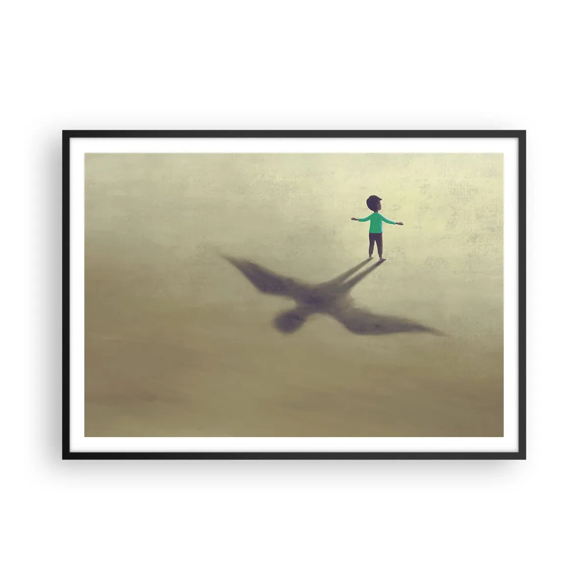 Poster in einem schwarzem Rahmen - Eine symbolische Figur eines Kindes mit dem Schatten eines Vogels vor einem Hintergrund in warmen Farbtönen. - 100x70cm - Der Held der Zukunft - Moderne Wanddekoration für Wohnzimmer und Schlafzimmer ARTTOR