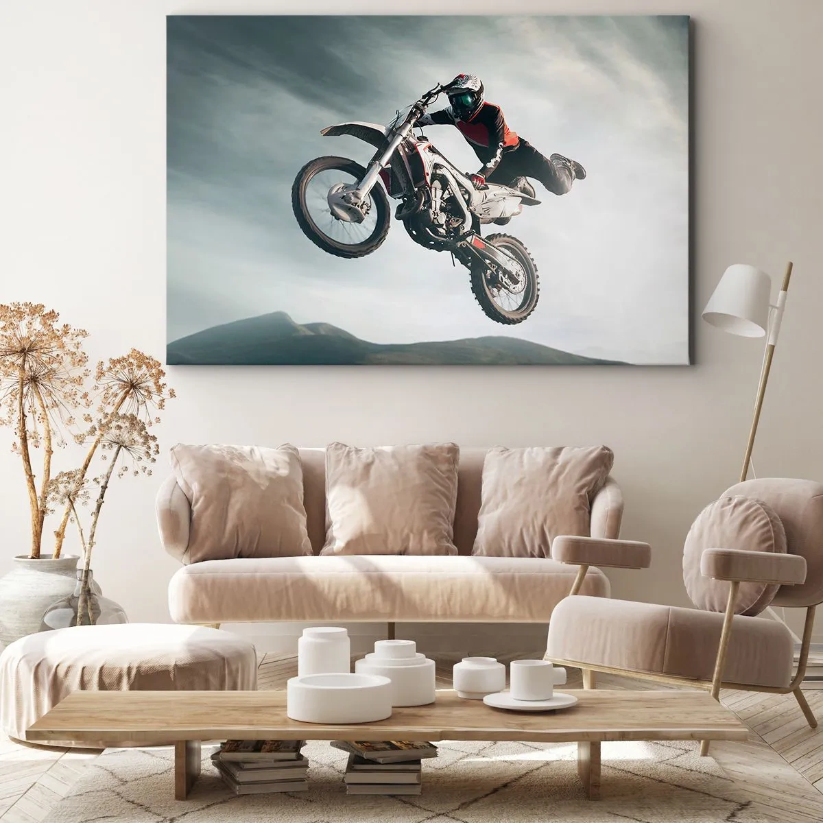 Bild auf Leinwand - Leinwandbild - Motorradfahrer in der Luft bei einem Sprung - 70x50cm - Kein Spaß ohne Risiko - Moderne Wanddekoration für Wohnzimmer und Schlafzimmer ARTTOR