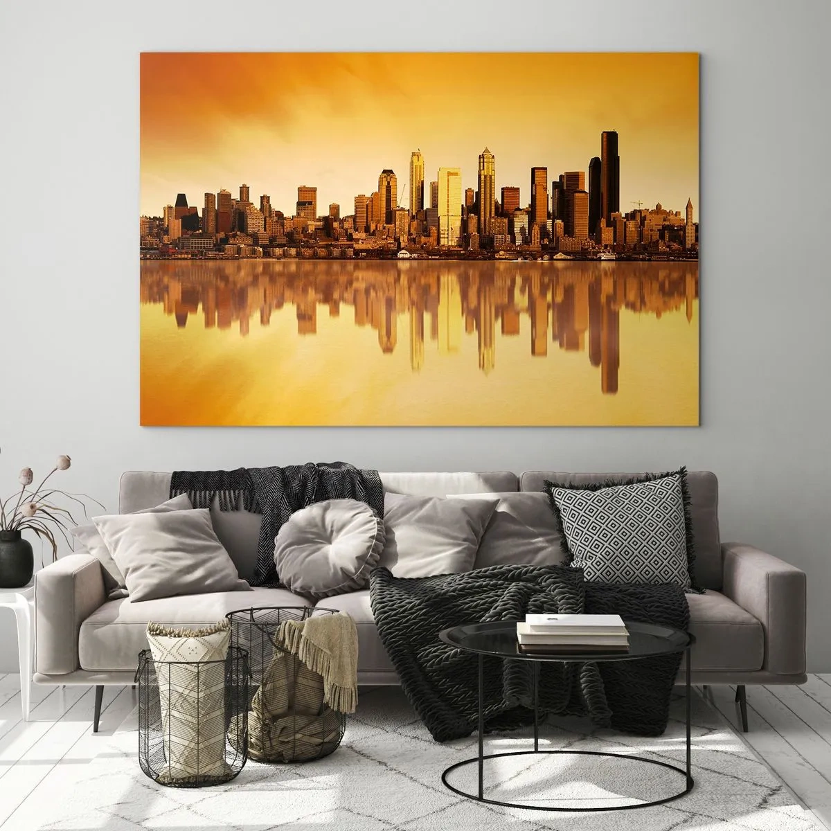 Glasbild - Bild auf glas - Panorama der Stadt im goldenen Licht des Sonnenuntergangs - 100x70cm - Die Stille der Metropole - Moderne Wanddekoration für Wohnzimmer und Schlafzimmer ARTTOR