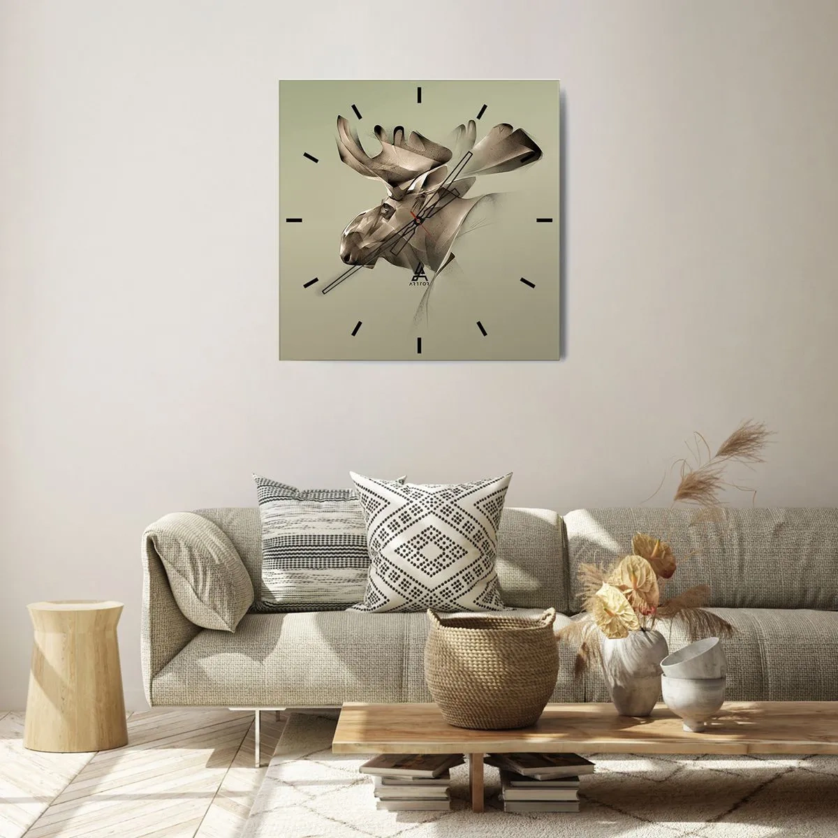 Wanduhr - Glasuhr - Ein abstraktes Bild eines Elches auf einem minimalistischen Hintergrund - 30x30cm - Die sanfte Kraft des Friedens - Moderne Wanddekoration für Wohnzimmer und Schlafzimmer ARTTOR