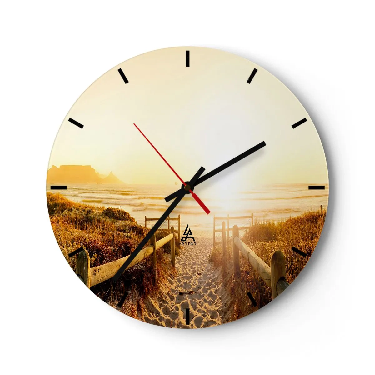 Wanduhr - Glasuhr - Sandiger Weg durch die Dünen, der bei Sonnenuntergang zum Strand führt - 30x30cm - Über die Düne, der Sonne entgegen - Moderne Wanddekoration für Wohnzimmer, Küche und Schlafzimmer ARTTOR