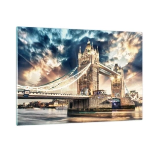 Glasbild - Bild auf glas - Tower Bridge in London vor dramatischem Himmel - 120x80cm - Denkmal des viktorianischen Imperiums - Moderne Wanddekoration für Wohnzimmer und Schlafzimmer ARTTOR