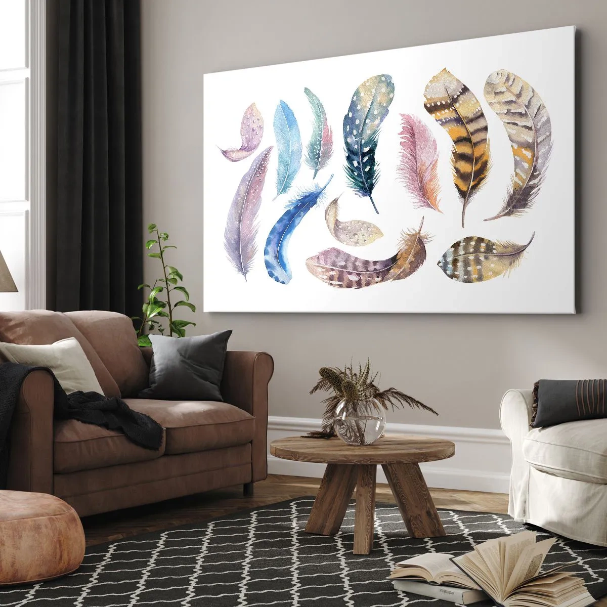 Bild auf Leinwand - Leinwandbild - Bunte Federn im zarten Aquarell-Stil - 100x70cm - Hell, bunt und bunt - Moderne Wanddekoration für Wohnzimmer und Schlafzimmer ARTTOR