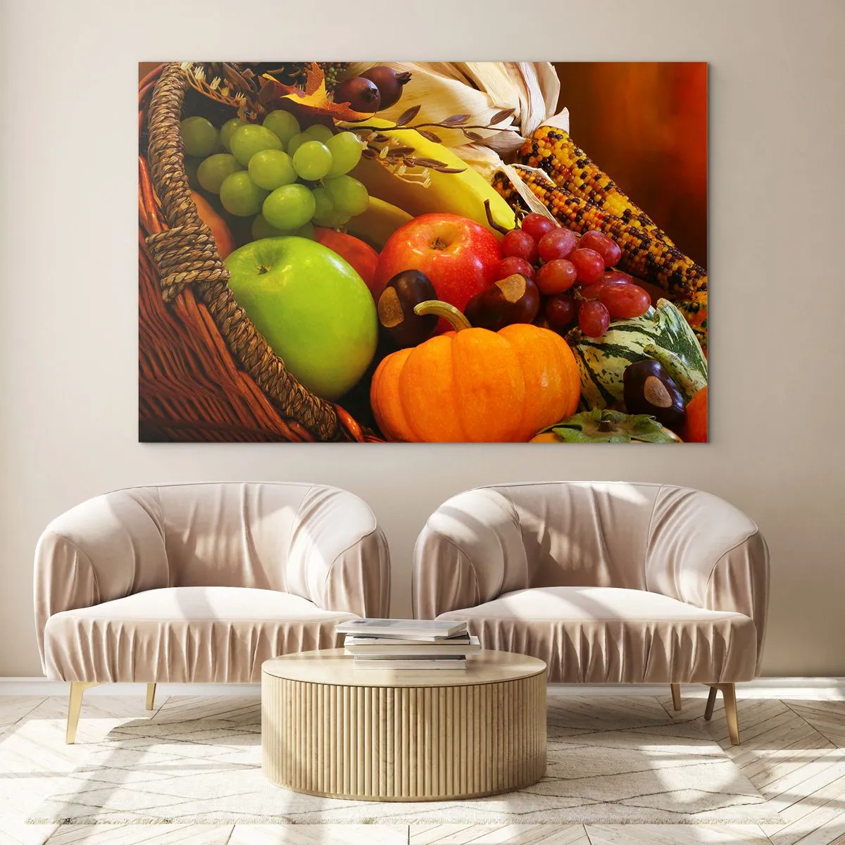 Glasbild - Bild auf glas - Ein Korb voller Obst und Gemüse in einem herbstlichen Arrangement - 70x50cm - Ein Korb voller Ernte - Moderne Wanddekoration für Wohnzimmer und Schlafzimmer ARTTOR