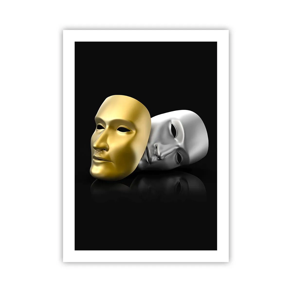 Poster - Gold- und Silbermaske auf schwarzem Hintergrund - 50x70cm - Das Leben ist wie ein Theater - Moderne Wanddekoration für Wohnzimmer und Schlafzimmer ARTTOR