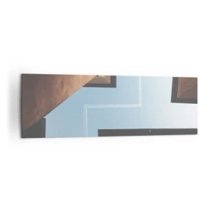 Bild auf Leinwand - Leinwandbild - Blick auf das Flugzeug und seine Spur am Himmel aus der Straßenperspektive - 160x50cm - Über dem Stadtlabyrinth - Moderne Wanddekoration für Wohnzimmer und Schlafzimmer ARTTOR