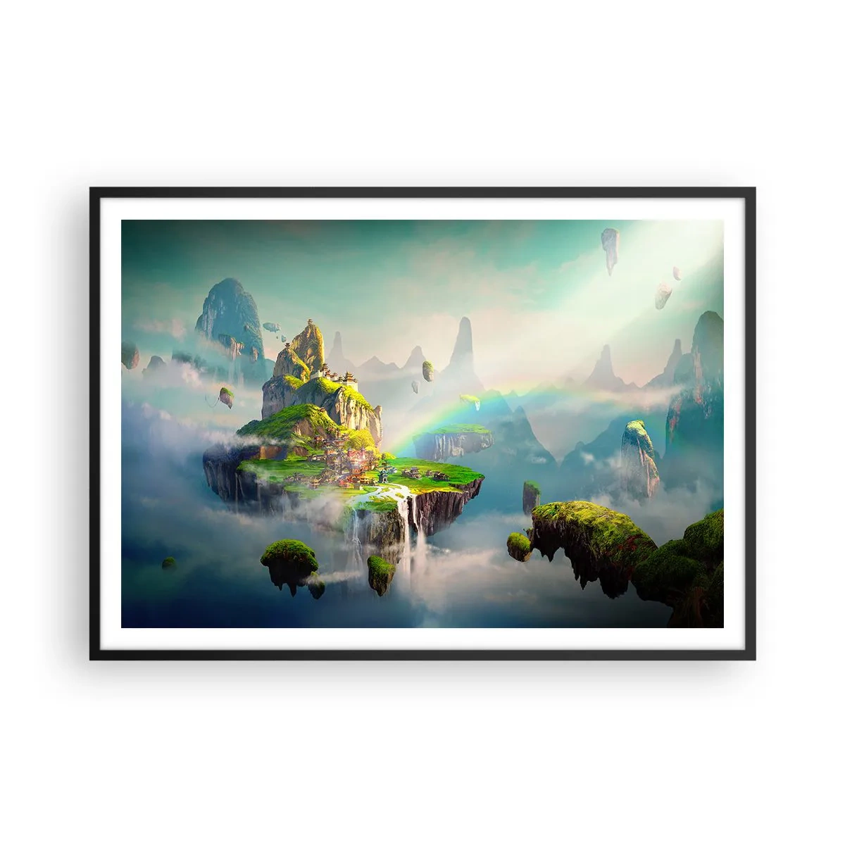 Poster in einem schwarzem Rahmen - Fliegende Inseln zwischen den Wolken mit einem Regenbogen am Horizont - 100x70cm - Mitten am Himmel - glückliche Inseln - Moderne Wanddekoration für Wohnzimmer und Schlafzimmer ARTTOR
