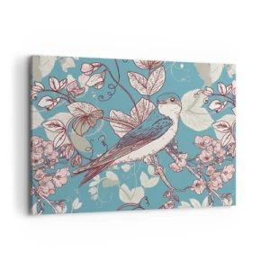 Bild auf Leinwand - Leinwandbild - Ein Vogel auf einem Ast in einem zarten Blumenstil - 100x70cm - Im Weißholz von Rot und Silber - Moderne Wanddekoration für Wohnzimmer und Schlafzimmer ARTTOR