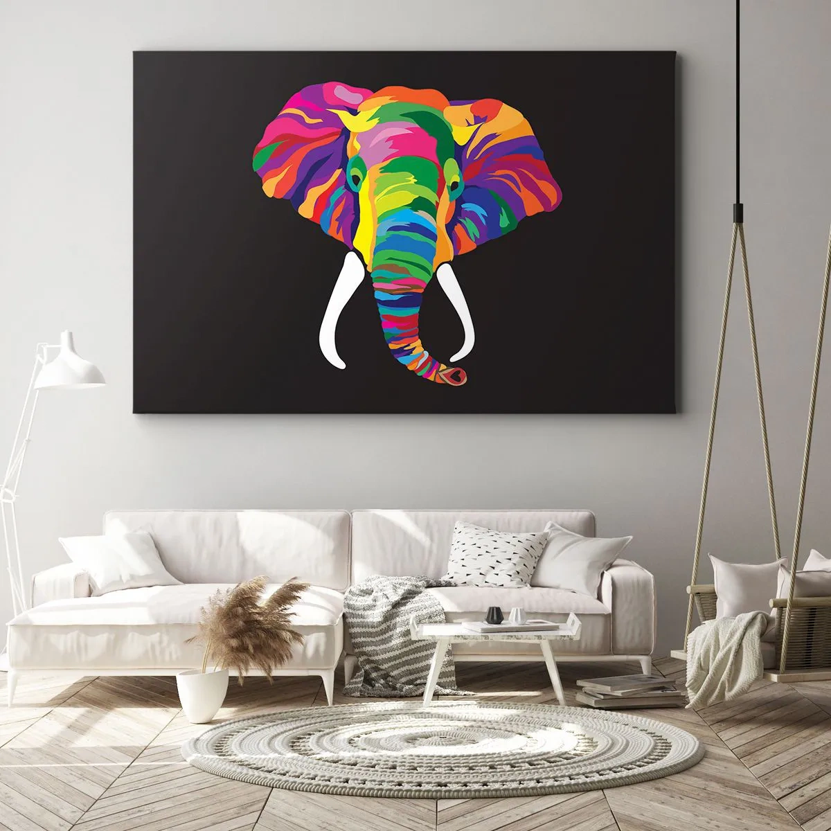 Bild auf Leinwand - Leinwandbild - Ein buntes Bild eines Elefanten auf schwarzem Hintergrund - 120x80cm - Der Elefant, der es liebte, im Regenbogen zu baden - Moderne Wanddekoration für Wohnzimmer und Schlafzimmer ARTTOR