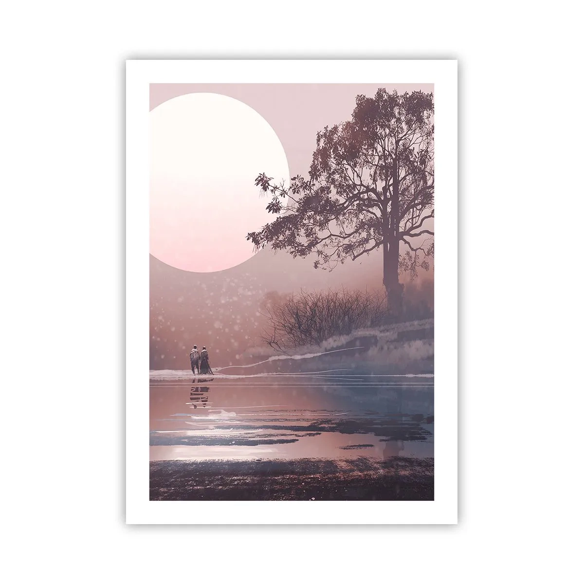 Poster - Romantische Landschaft mit Mond und Baum am Wasser - 50x70cm - Wunder der Nacht - Moderne Wanddekoration für Wohnzimmer und Schlafzimmer ARTTOR