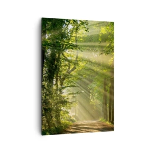 Bild auf Leinwand - Leinwandbild - Waldweg mit Sonnenstrahlen, die durch die Bäume scheinen - 70x100cm - Waldmoment - Moderne Wanddekoration für Wohnzimmer und Schlafzimmer ARTTOR