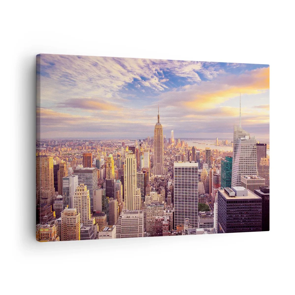 Bild auf Leinwand - Leinwandbild - Panorama einer modernen Stadt mit Wolkenkratzern bei Sonnenuntergang - 70x50cm - Nur nach den Wolken greifen - Moderne Wanddekoration für Wohnzimmer und Schlafzimmer ARTTOR