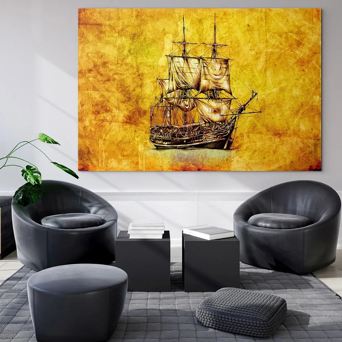 Glasbild - Bild auf glas - Ein historisches Segelschiff vor dem Hintergrund stilisierten Pergaments - 70x50cm - Richtung Tortuga! - Moderne Wanddekoration für Wohnzimmer und Schlafzimmer ARTTOR