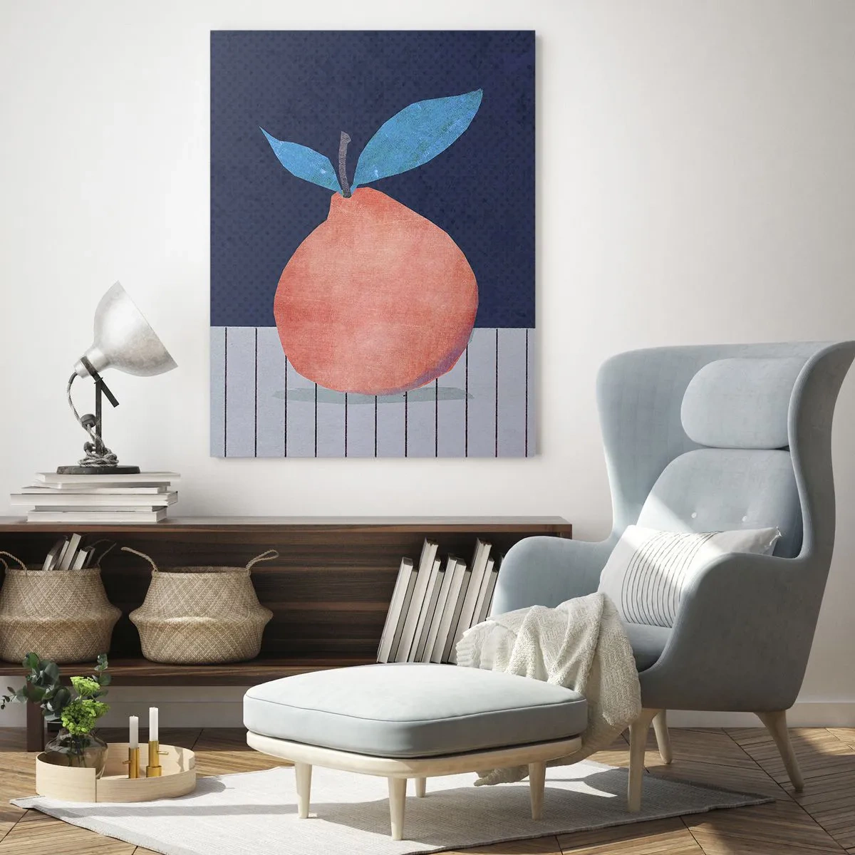 Glasbild - Bild auf glas - Eine Frucht mit abstrakter Form vor einer geometrischen Komposition - 50x70cm - Konvexität und Ebene - Moderne Wanddekoration für Wohnzimmer und Schlafzimmer ARTTOR