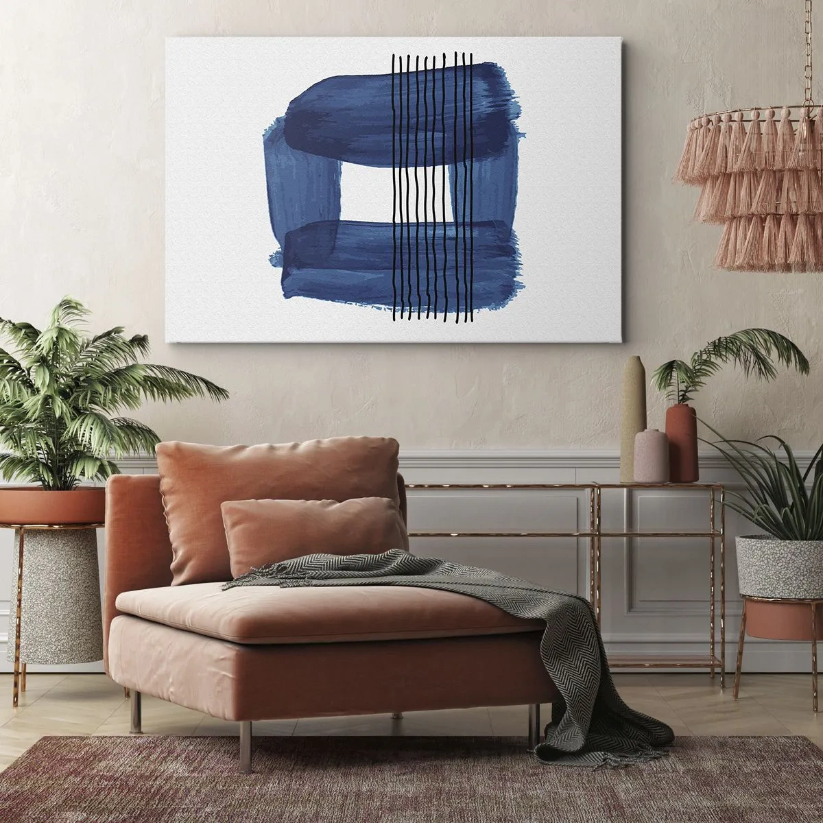Bild auf Leinwand - Leinwandbild - Abstraktes Muster in Blautönen mit schwarzen Linien - 100x70cm - Blaue und schwarze Komposition - Moderne Wanddekoration für Wohnzimmer und Schlafzimmer ARTTOR
