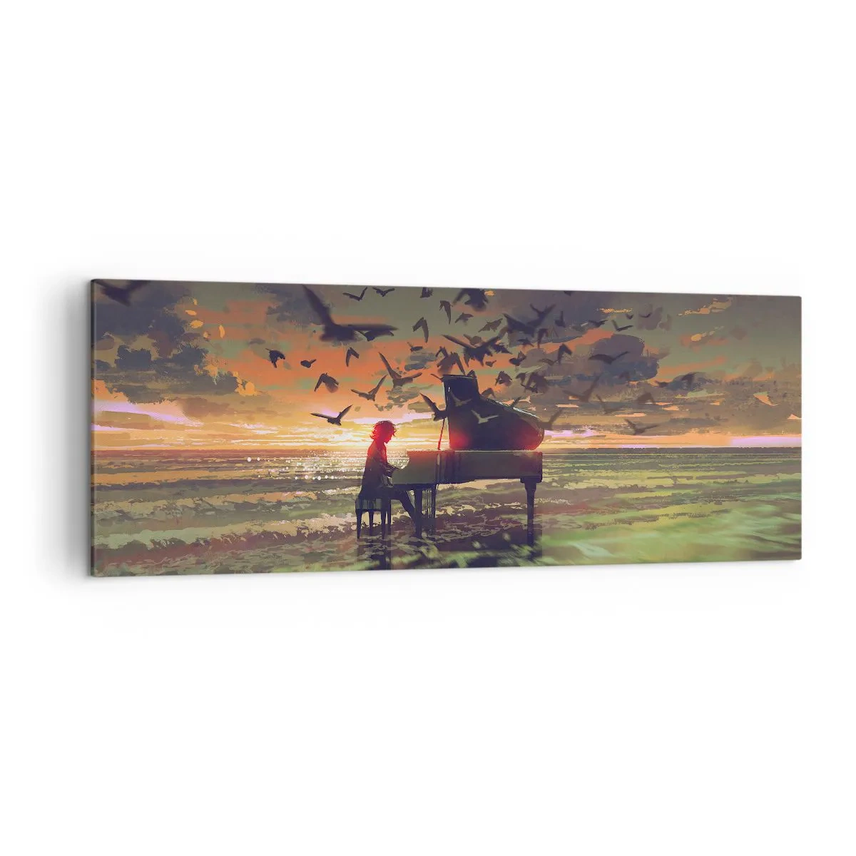 Bild auf Leinwand - Leinwandbild - Ein Klavier am Meeresufer bei Sonnenuntergang mit Vögeln - 140x50cm - Konzert für Klavier und Wellen - Moderne Wanddekoration für Wohnzimmer und Schlafzimmer ARTTOR