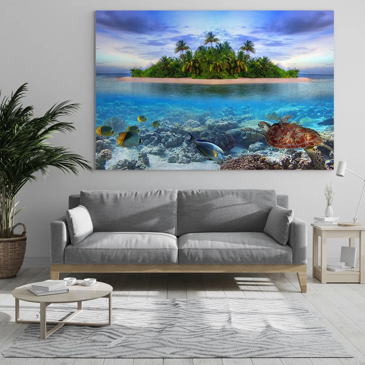 Glasbild - Bild auf glas - Eine tropische Insel mit Korallenriff und Meereslebewesen - 70x50cm - Heavenly Island lädt dich ein - Moderne Wanddekoration für Wohnzimmer und Schlafzimmer ARTTOR