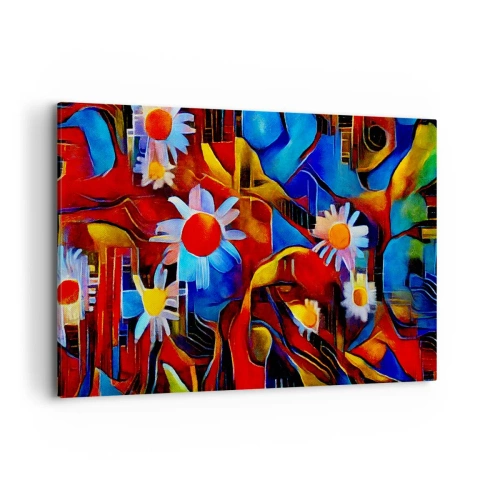 Bild auf Leinwand - Leinwandbild - Abstrakte Blumen vor einem Hintergrund aus geometrischen Mustern - 120x80cm - Die Farben des Lebens - Moderne Wanddekoration für Wohnzimmer und Schlafzimmer ARTTOR