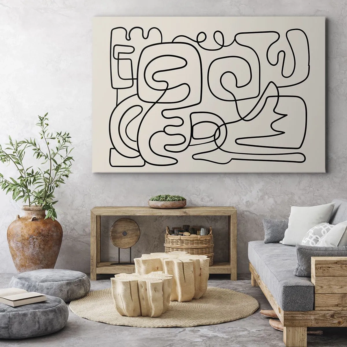 Bild auf Leinwand - Leinwandbild - Abstraktes Linienkunstmuster in Schwarz auf hellem Hintergrund - 70x50cm - Folge der Spur - Moderne Wanddekoration für Wohnzimmer und Schlafzimmer ARTTOR