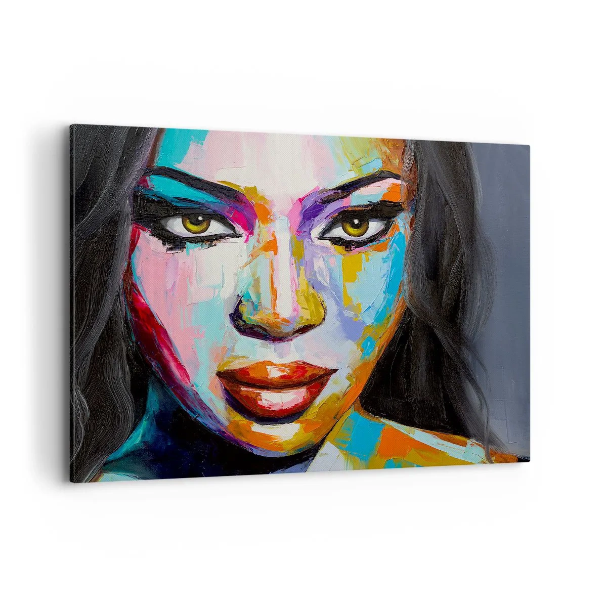 Bild auf Leinwand - Leinwandbild - Ein farbenfrohes Porträt einer Frau mit intensivem Blick - 120x80cm - Es ist unmöglich die Augen abzuwenden - Moderne Wanddekoration für Wohnzimmer und Schlafzimmer ARTTOR