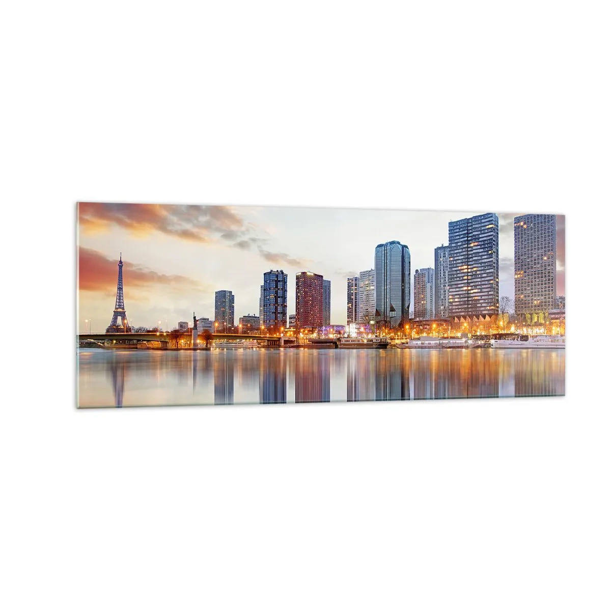 Glasbild - Bild auf glas - Panorama moderner Gebäude und des Eiffelturms über dem Wasser - 140x50cm - Die monumentale Ruhe von Paris - Moderne Wanddekoration für Wohnzimmer und Schlafzimmer ARTTOR