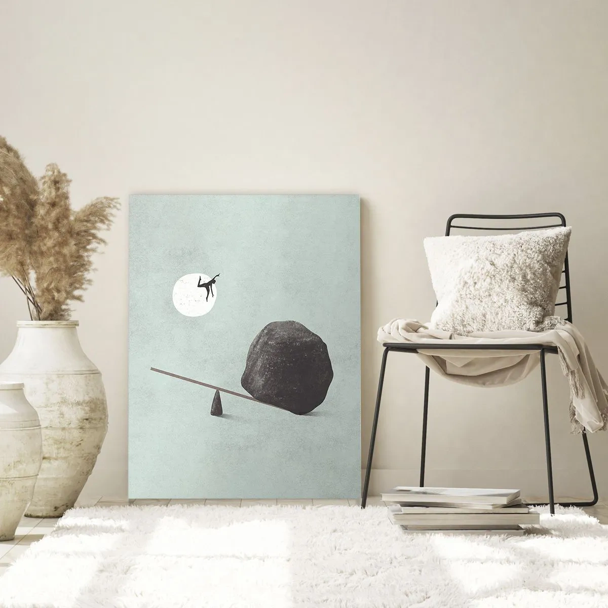 Glasbild - Bild auf glas - Eine minimalistische Szene mit einem Mann, der zum Mond fliegt. - 50x70cm - Erfüllte Träume - Moderne Wanddekoration für Wohnzimmer und Schlafzimmer ARTTOR