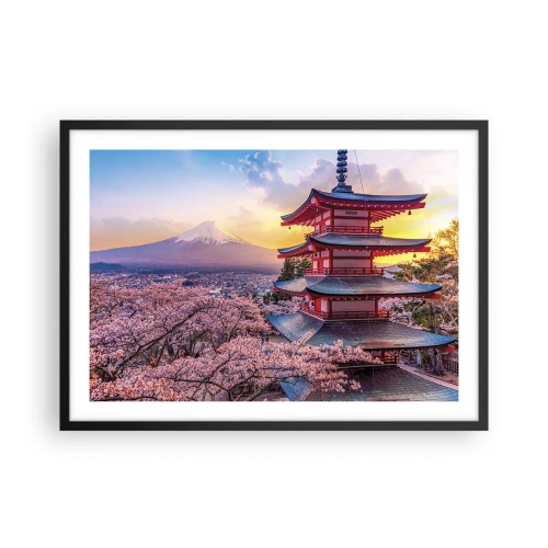 Poster in einem schwarzem Rahmen - Eine Pagode in Japan mit Kirschblüten und dem Berg Fuji - 70x50cm - Die Essenz des japanischen Geistes - Moderne Wanddekoration für Wohnzimmer und Schlafzimmer ARTTOR