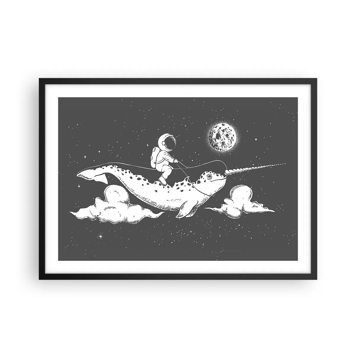 Poster in einem schwarzem Rahmen - Ein Astronaut auf dem Rücken eines Narwals, der in einer Weltraumszene schwimmt. - 70x50cm - Weltraumreiter - Moderne Wanddekoration für Wohnzimmer und Schlafzimmer ARTTOR