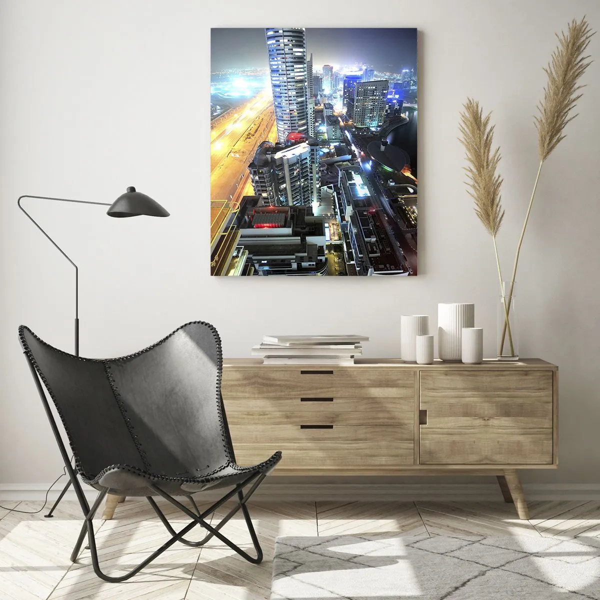 Glasbild - Bild auf glas - Panorama der nächtlichen Stadt mit beleuchteten Wolkenkratzern - 50x70cm - Ein Wunder in der Wüste - Moderne Wanddekoration für Wohnzimmer und Schlafzimmer ARTTOR