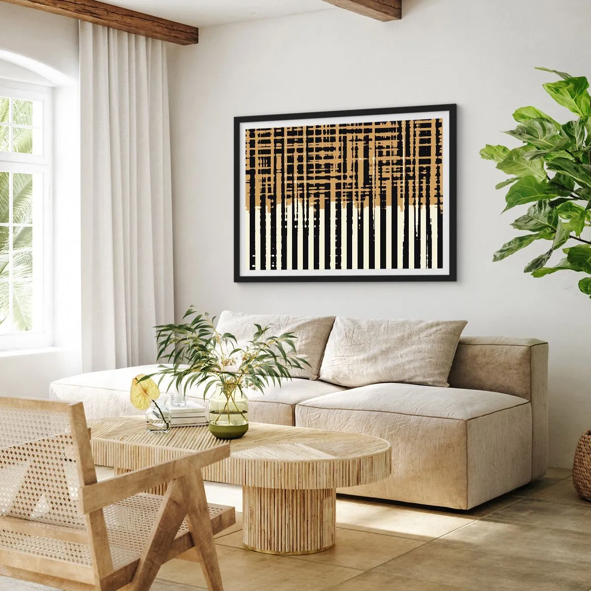 Poster in einem schwarzem Rahmen - Abstrakte Linien in Schwarz, Beige und Weiß - 70x50cm - Architektonische Abstraktion - Moderne Wanddekoration für Wohnzimmer und Schlafzimmer ARTTOR