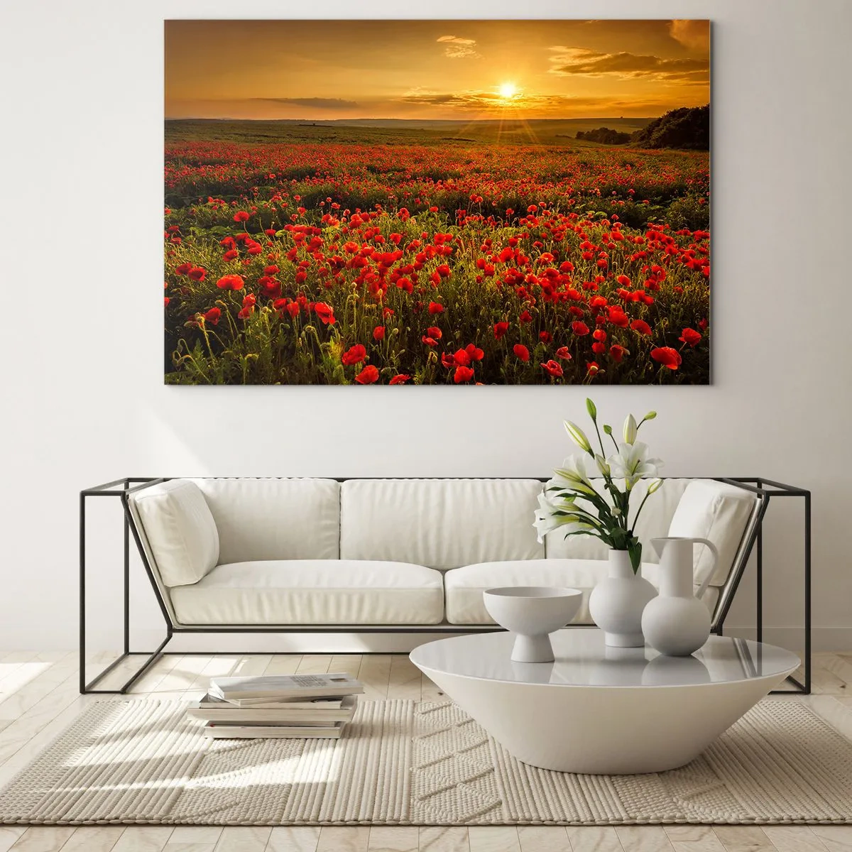 Glasbild - Bild auf glas - Ein Mohnfeld, beleuchtet von den Strahlen der untergehenden Sonne - 120x80cm - Unter den Wellen raschelnder Wiesen, unter den Blumen der Flut - Moderne Wanddekoration für Wohnzimmer und Schlafzimmer ARTTOR