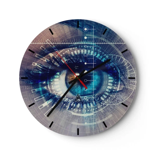 Wanduhr - Glasuhr - Ein Auge umgeben von digitalen Grafiken - 30x30cm - Du denkst du kennst mich - Moderne Wanddekoration für Wohnzimmer, Küche und Schlafzimmer ARTTOR