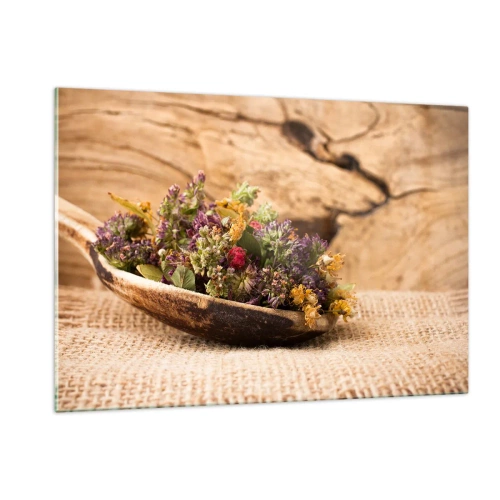 Glasbild - Bild auf glas - Getrocknete Kräuter in einem Holzlöffel auf rustikalem Hintergrund - 120x80cm - Bunte Blumen und duftende Kräuter - Moderne Wanddekoration für Wohnzimmer und Schlafzimmer ARTTOR