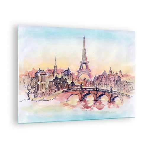 Glasbild - Bild auf glas - Ein Panorama von Paris mit dem Eiffelturm in einem zarten Aquarellstil - 70x50cm - Die einzige Stadt dieser Art auf der Welt - Moderne Wanddekoration für Wohnzimmer und Schlafzimmer ARTTOR
