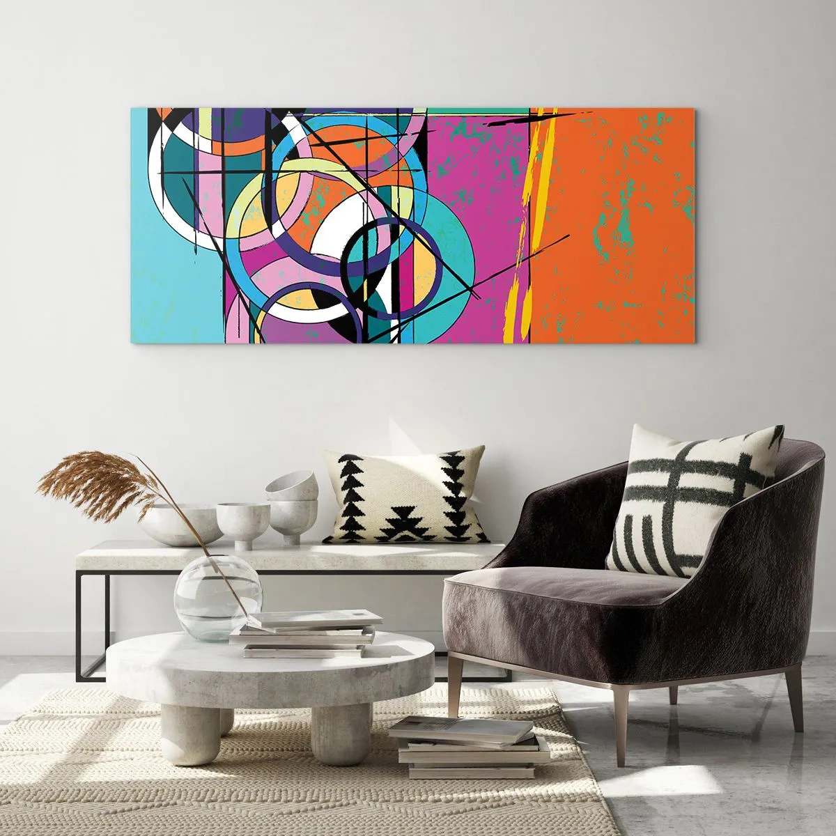 Glasbild - Bild auf glas - Bunte Abstraktion mit geometrischen Kreisen - 120x50cm - Rad für Rad - Moderne Wanddekoration für Wohnzimmer und Schlafzimmer ARTTOR